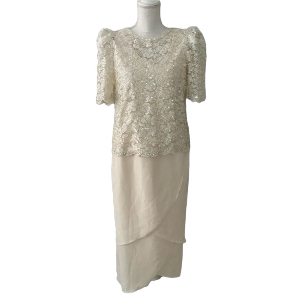 Embroidered Two Piece Lace Top Sequins Beads Polyester Midi Camisole Ivory Dress